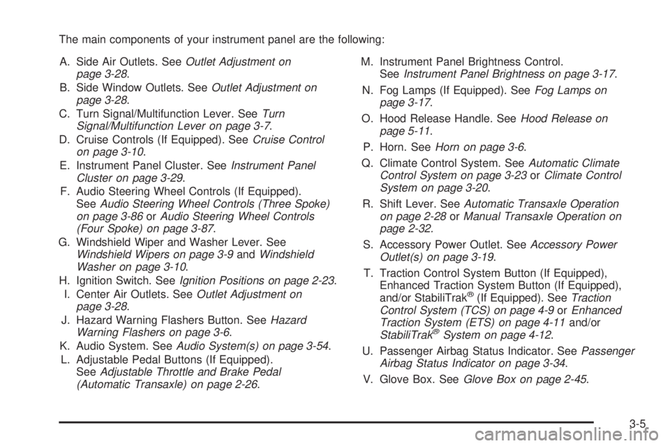 PONTIAC G6 2006  Owners Manual The main components of your instrument panel are the following:
A. Side Air Outlets. SeeOutlet Adjustment on
page 3-28.
B. Side Window Outlets. SeeOutlet Adjustment on
page 3-28.
C. Turn Signal/Multif