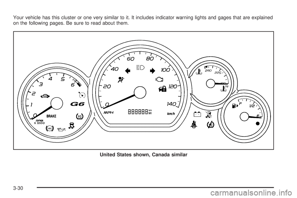 PONTIAC G6 2006  Owners Manual Your vehicle has this cluster or one very similar to it. It includes indicator warning lights and gages that are explained
on the following pages. Be sure to read about them.
United States shown, Cana