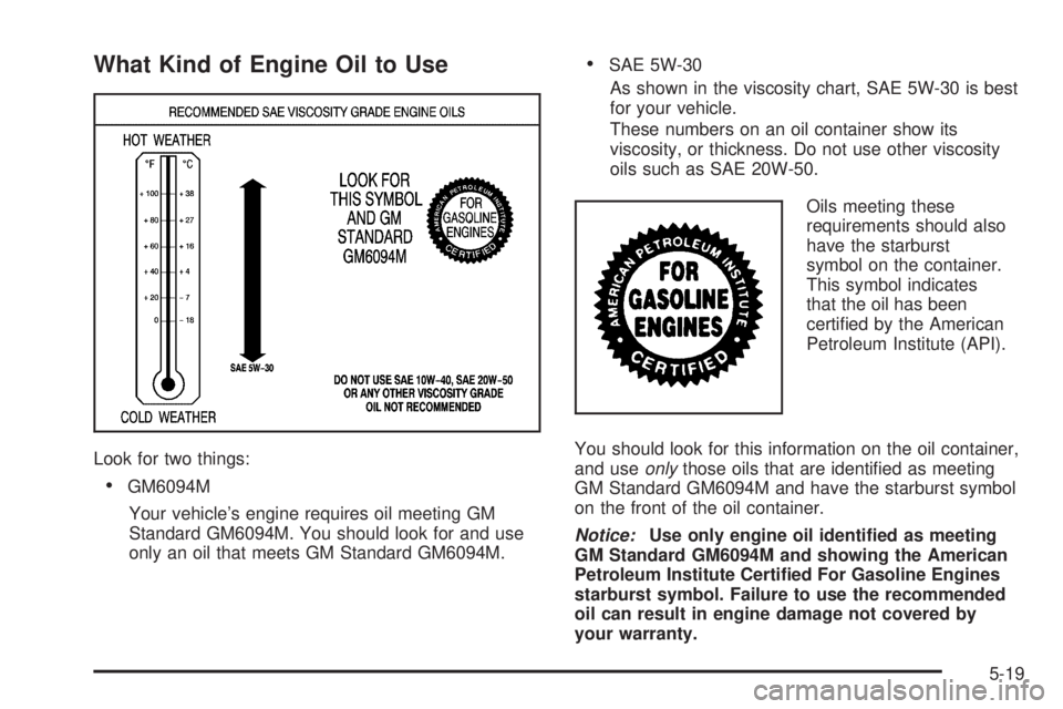 PONTIAC G6 2006  Owners Manual What Kind of Engine Oil to Use
Look for two things:
GM6094M
Your vehicle’s engine requires oil meeting GM
Standard GM6094M. You should look for and use
only an oil that meets GM Standard GM6094M.
