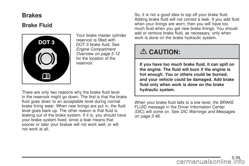 PONTIAC G6 2006  Owners Manual Brakes
Brake Fluid
Your brake master cylinder
reservoir is �lled with
DOT-3 brake �uid. See
Engine Compartment
Overview on page 5-12
for the location of the
reservoir.
There are only two reasons why t