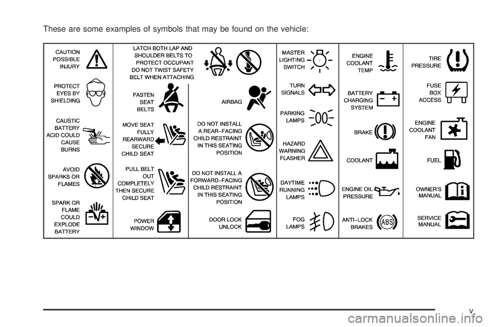 PONTIAC G6 2006  Owners Manual These are some examples of symbols that may be found on the vehicle:
v 