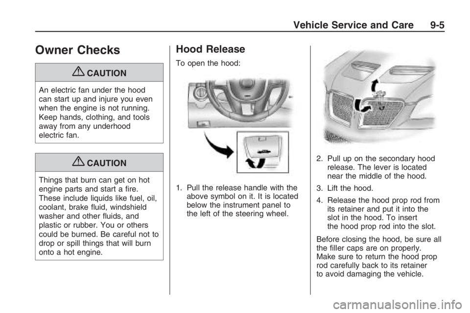 PONTIAC G8 2009  Owners Manual Owner Checks
{CAUTION
An electric fan under the hood
can start up and injure you even
when the engine is not running.
Keep hands, clothing, and tools
away from any underhood
electric fan.
{CAUTION
Thi