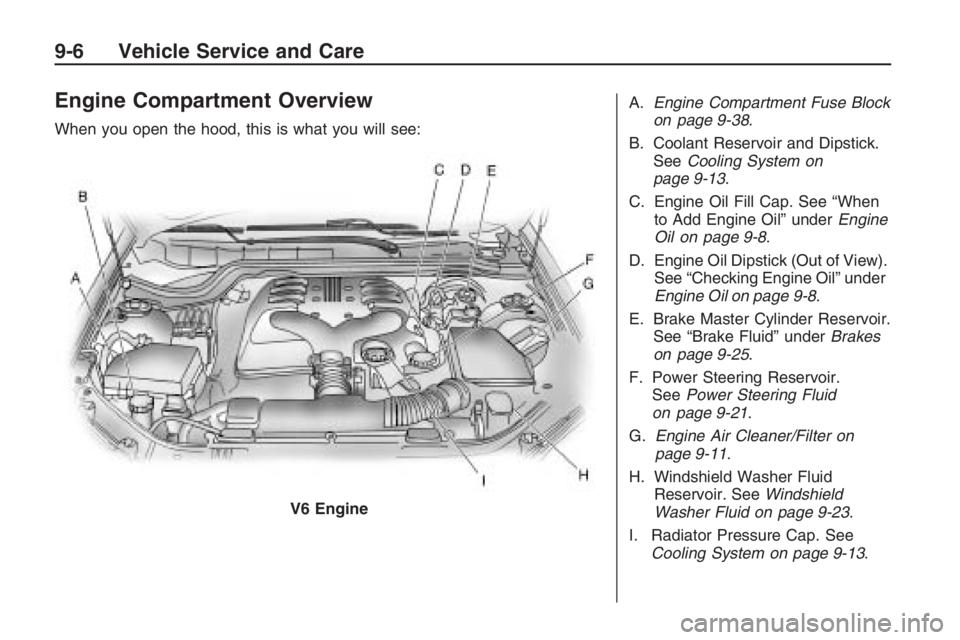 PONTIAC G8 2009 Owners Manual Engine Compartment Overview
When you open the hood, this is what you will see:A.
Engine Compartment Fuse Block
on page 9-38 .
B. Coolant Reservoir and Dipstick. See Cooling System on
page 9-13 .
C. En PONTIAC G8 2009 Owners Manual Engine Compartment Overview
When you open the hood, this is what you will see:A.
Engine Compartment Fuse Block
on page 9-38 .
B. Coolant Reservoir and Dipstick. See Cooling System on
page 9-13 .
C. En