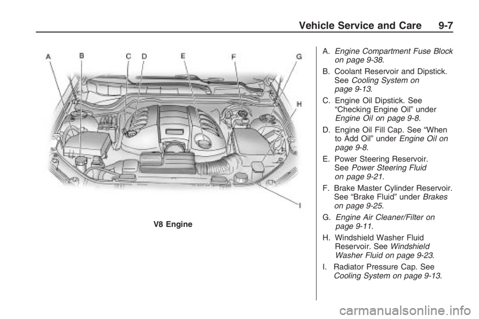 PONTIAC G8 2009 Owners Manual A.Engine Compartment Fuse Block
on page 9-38 .
B. Coolant Reservoir and Dipstick. See Cooling System on
page 9-13 .
C. Engine Oil Dipstick. See “Checking Engine Oil” under
Engine Oil on page 9-8 . PONTIAC G8 2009 Owners Manual A.Engine Compartment Fuse Block
on page 9-38 .
B. Coolant Reservoir and Dipstick. See Cooling System on
page 9-13 .
C. Engine Oil Dipstick. See “Checking Engine Oil” under
Engine Oil on page 9-8 .