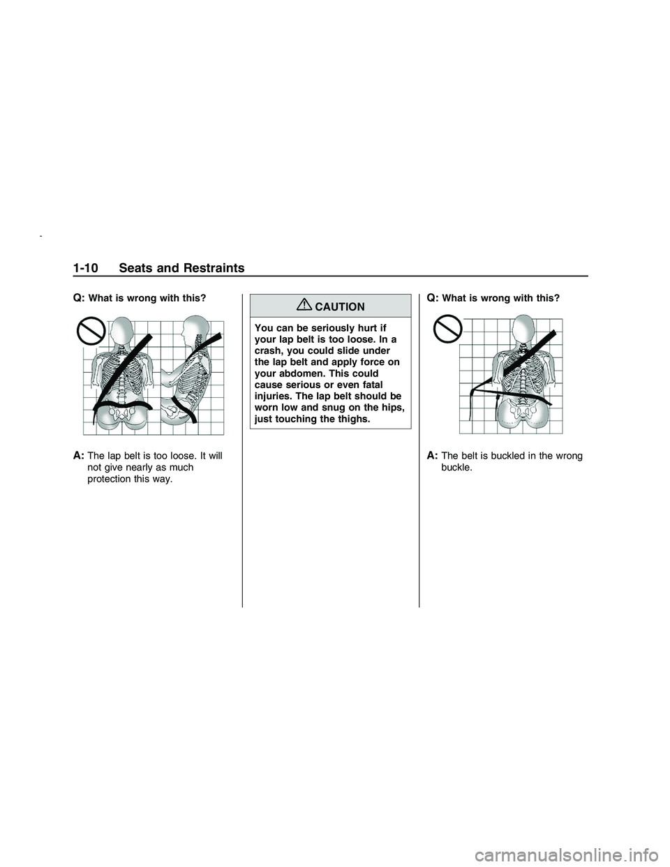 PONTIAC G8 2008 User Guide Q:What is wrong with this?
A:The lap belt is too loose. It will
not give nearly as much
protection this way.
{CAUTION
You can be seriously hurt if
your lap belt is too loose. In a
crash, you could sli