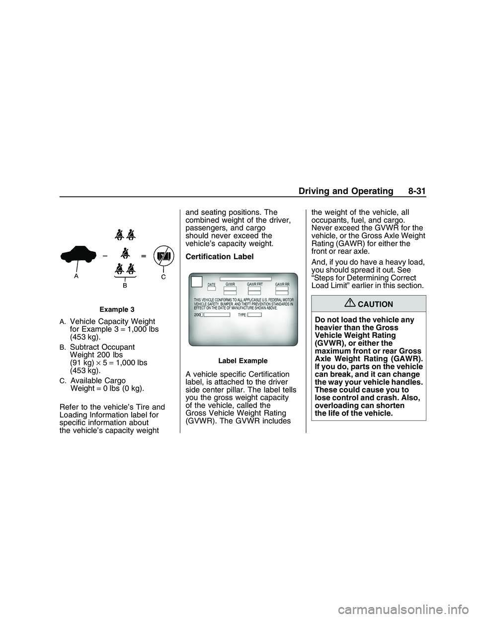 PONTIAC G8 2008  Owners Manual A.Vehicle Capacity Weight
for Example 3=1,000 lbs
(453 kg).
B.Subtract Occupant
Weight 200 lbs
(91 kg)×5=1,000 lbs
(453 kg).
C.Available Cargo
Weight=0 lbs (0 kg).
Refer to the vehicle’s Tire and
L
