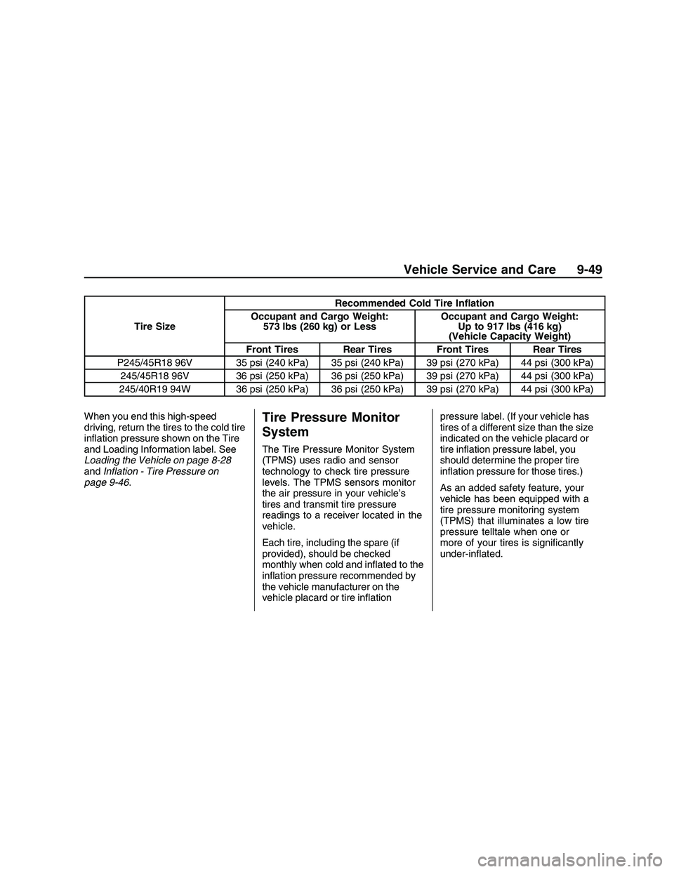 PONTIAC G8 2008  Owners Manual Tire SizeRecommended Cold Tire In�ation
Occupant and Cargo Weight: 573 lbs (260 kg) or Less Occupant and Cargo Weight:
Up to 917 lbs (416 kg)
(Vehicle Capacity Weight)
Front Tires Rear Tires Front Tir