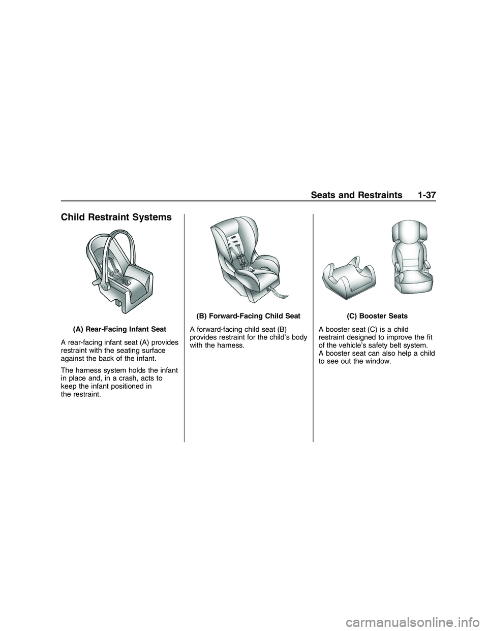 PONTIAC G8 2008 Service Manual Child Restraint Systems
A rear-facing infant seat (A) provides
restraint with the seating surface
against the back of the infant.
The harness system holds the infant
in place and, in a crash, acts to
PONTIAC G8 2008 Service Manual Child Restraint Systems
A rear-facing infant seat (A) provides
restraint with the seating surface
against the back of the infant.
The harness system holds the infant
in place and, in a crash, acts to