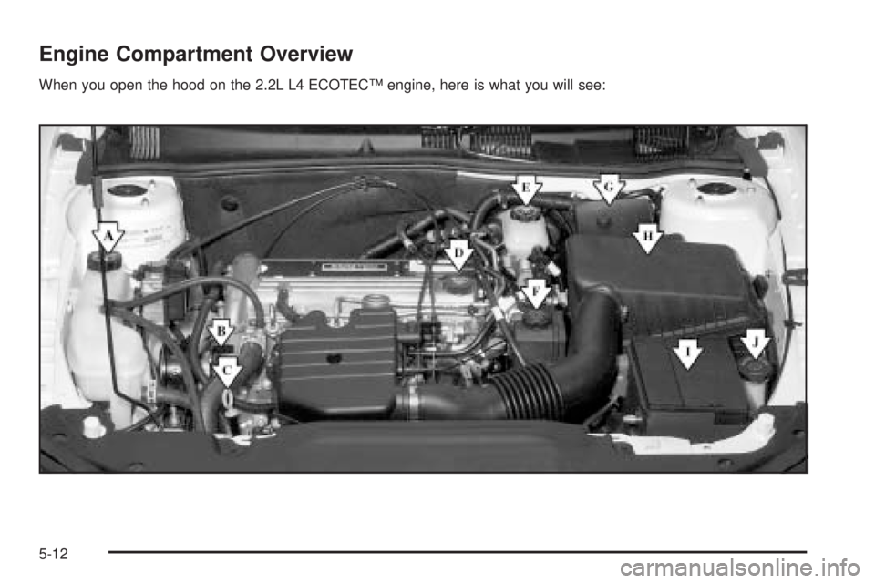 PONTIAC GRAND AM 2005  Owners Manual Engine Compartment Overview
When you open the hood on the 2.2L L4 ECOTEC™ engine, here is what you will see:
5-12 