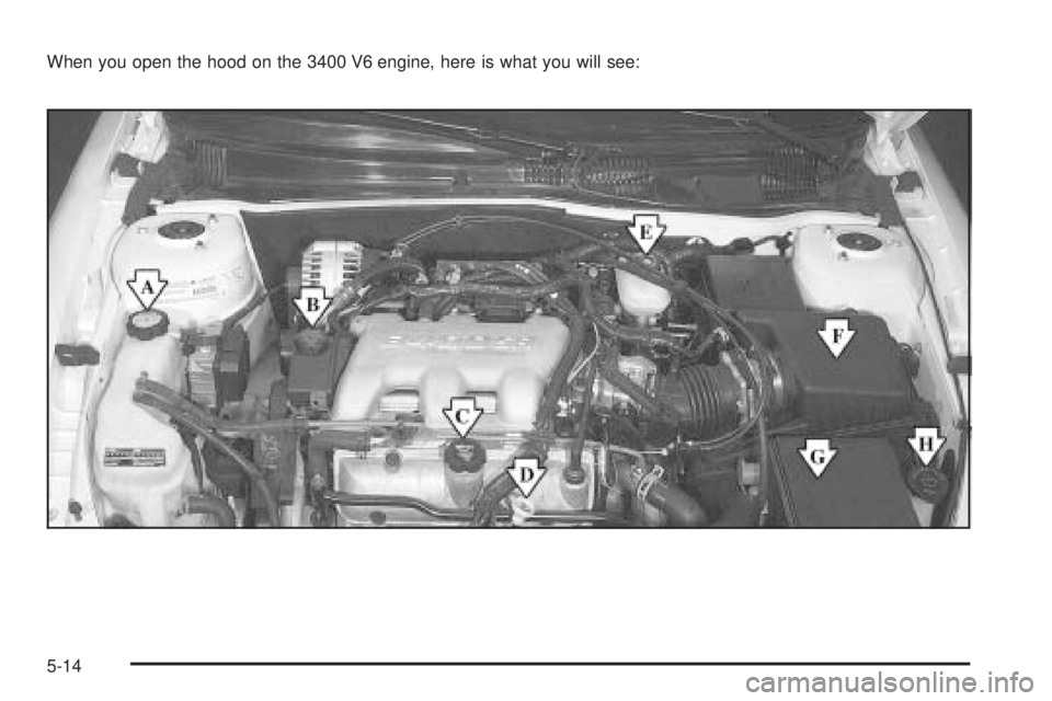 PONTIAC GRAND AM 2005 Owners Manual When you open the hood on the 3400 V6 engine, here is what you will see:
5-14 PONTIAC GRAND AM 2005 Owners Manual When you open the hood on the 3400 V6 engine, here is what you will see:
5-14