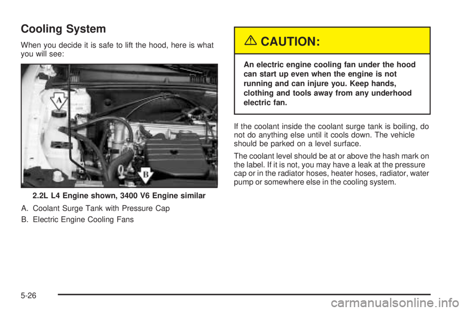 PONTIAC GRAND AM 2005  Owners Manual Cooling System
When you decide it is safe to lift the hood, here is what
you will see:
A. Coolant Surge Tank with Pressure Cap
B. Electric Engine Cooling Fans{CAUTION:
An electric engine cooling fan u
