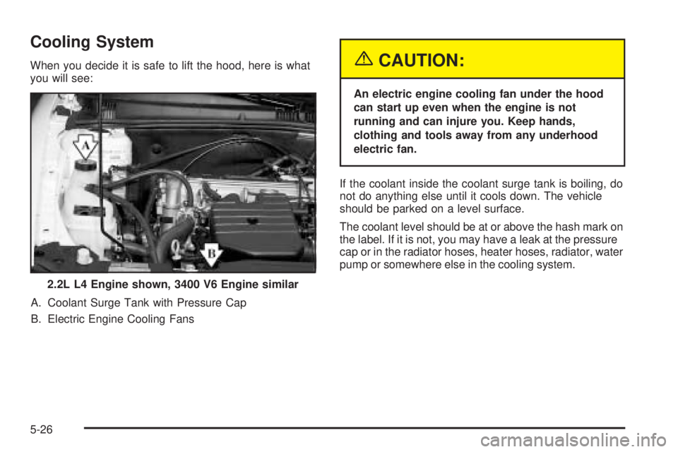 PONTIAC GRAND AM 2005 Owners Manual Cooling System
When you decide it is safe to lift the hood, here is what
you will see:
A. Coolant Surge Tank with Pressure Cap
B. Electric Engine Cooling Fans{CAUTION:
An electric engine cooling fan u PONTIAC GRAND AM 2005 Owners Manual Cooling System
When you decide it is safe to lift the hood, here is what
you will see:
A. Coolant Surge Tank with Pressure Cap
B. Electric Engine Cooling Fans{CAUTION:
An electric engine cooling fan u