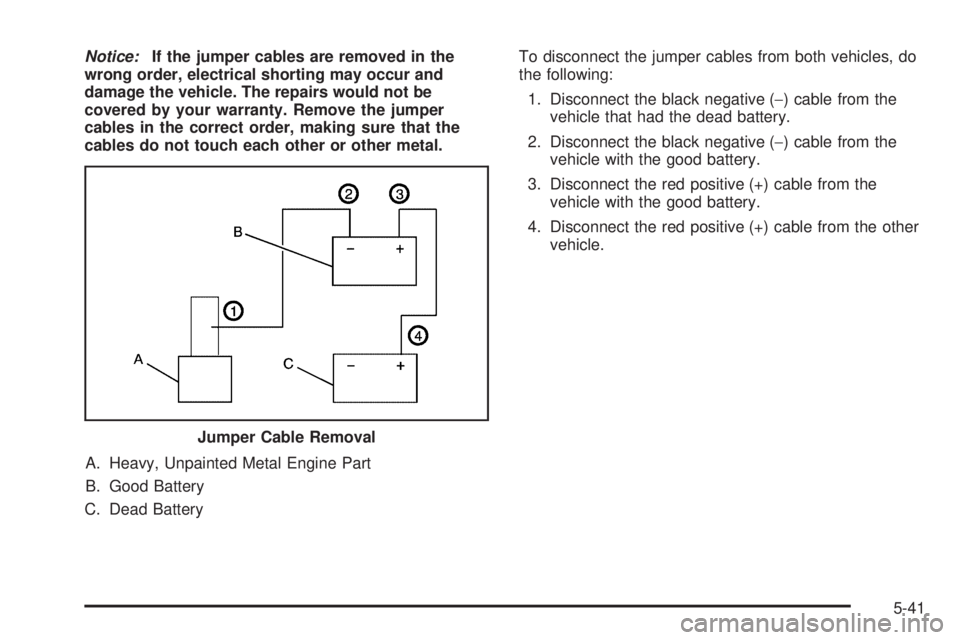 PONTIAC GRAND AM 2005  Owners Manual Notice:If the jumper cables are removed in the
wrong order, electrical shorting may occur and
damage the vehicle. The repairs would not be
covered by your warranty. Remove the jumper
cables in the cor