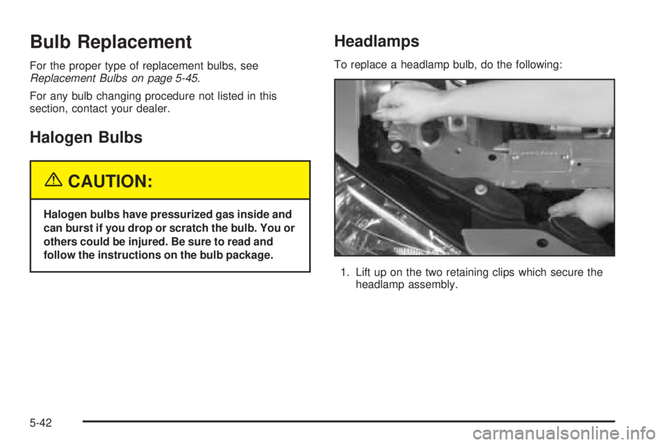 PONTIAC GRAND AM 2005  Owners Manual Bulb Replacement
For the proper type of replacement bulbs, see
Replacement Bulbs on page 5-45.
For any bulb changing procedure not listed in this
section, contact your dealer.
Halogen Bulbs
{CAUTION:
