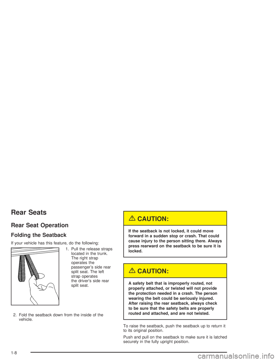 PONTIAC GRAND AM 2004 User Guide Rear Seats
Rear Seat Operation
Folding the Seatback
If your vehicle has this feature, do the following:
1. Pull the release straps
located in the trunk.
The right strap
operates the
passenger’s side