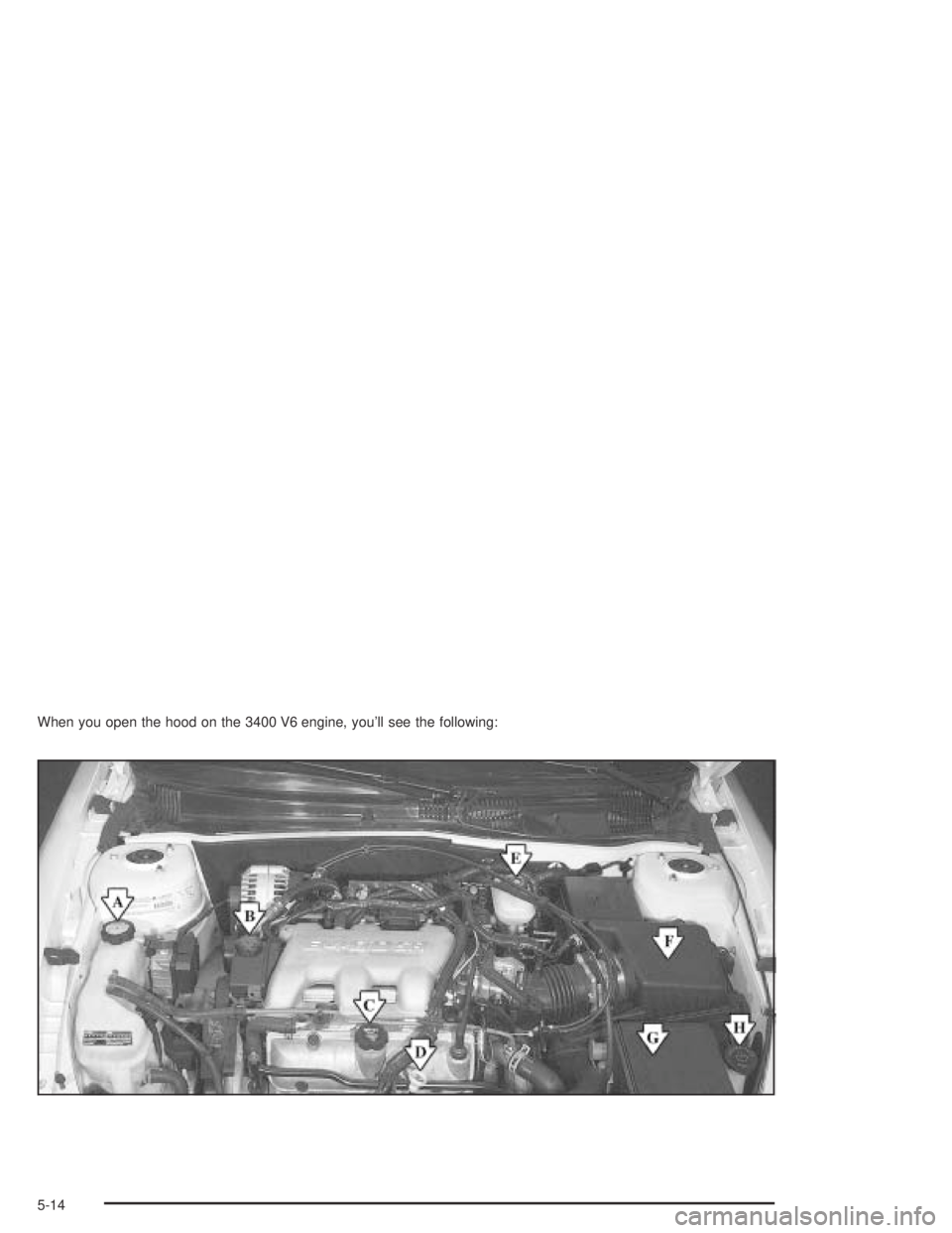 PONTIAC GRAND AM 2004 Owners Manual When you open the hood on the 3400 V6 engine, you’ll see the following:
5-14 PONTIAC GRAND AM 2004 Owners Manual When you open the hood on the 3400 V6 engine, you’ll see the following:
5-14