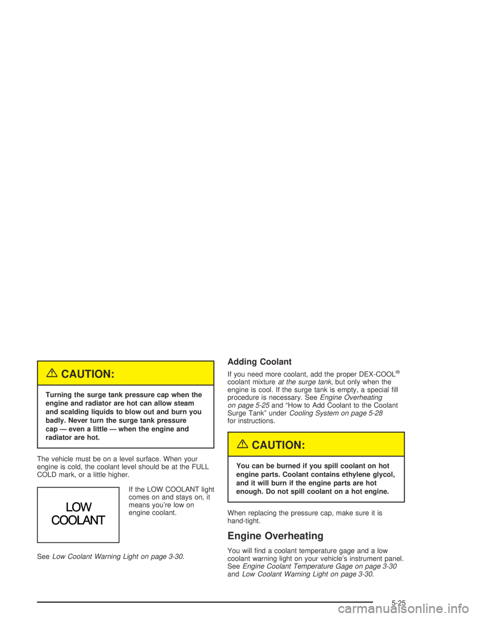 PONTIAC GRAND AM 2004  Owners Manual {CAUTION:
Turning the surge tank pressure cap when the
engine and radiator are hot can allow steam
and scalding liquids to blow out and burn you
badly. Never turn the surge tank pressure
cap — even 