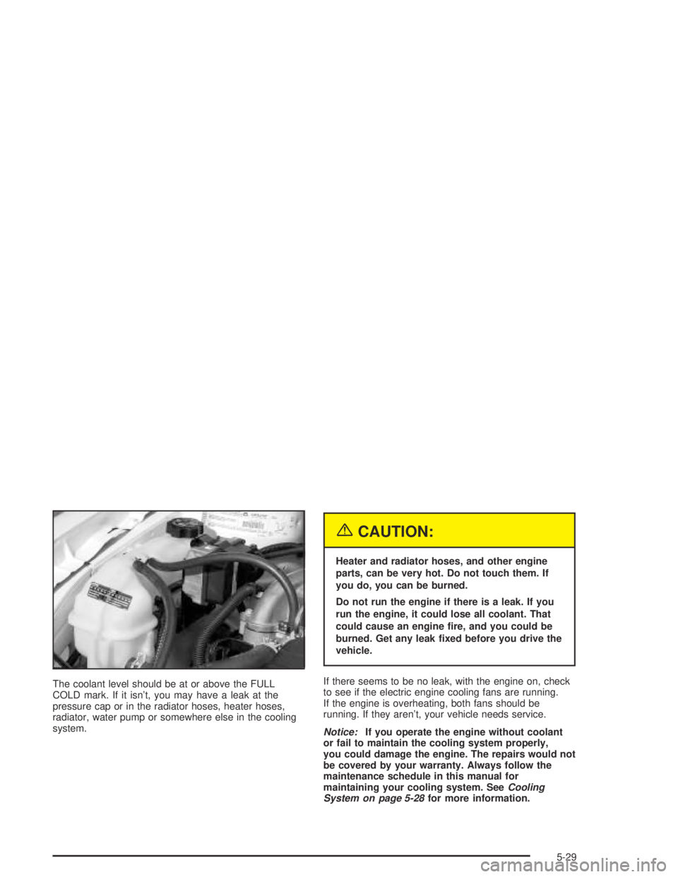 PONTIAC GRAND AM 2004  Owners Manual The coolant level should be at or above the FULL
COLD mark. If it isn’t, you may have a leak at the
pressure cap or in the radiator hoses, heater hoses,
radiator, water pump or somewhere else in the