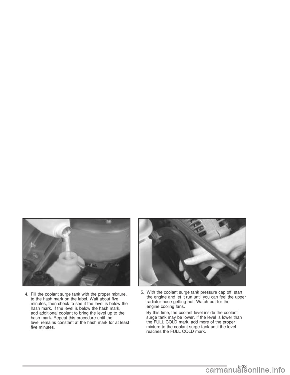 PONTIAC GRAND AM 2004 Owners Manual 4. Fill the coolant surge tank with the proper mixture,
to the hash mark on the label. Wait about five
minutes, then check to see if the level is below the
hash mark. If the level is below the hash m PONTIAC GRAND AM 2004 Owners Manual 4. Fill the coolant surge tank with the proper mixture,
to the hash mark on the label. Wait about five
minutes, then check to see if the level is below the
hash mark. If the level is below the hash m