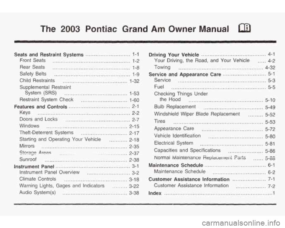 PONTIAC GRAND AM 2003  Owners Manual The 2003 Pontiac Grand Am Owner Manual 
Seats and Restraint  Systems ........................... 1-1 
Front  Seats ............................................... 1-2 
Rear  Seats ....................