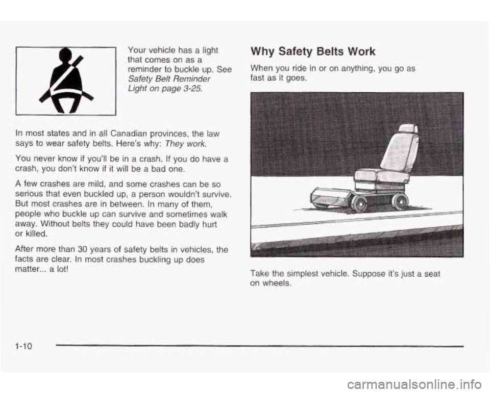PONTIAC GRAND AM 2003 User Guide Your vehicle  has a light 
that  comes  on as a 
reminder 
to buckle up. See 
Safety Belt  Reminder 
Light 
on page 3-25. L 
Why Safety Belts Work 
When  you  ride in  or on anything,  you  go as 
fas