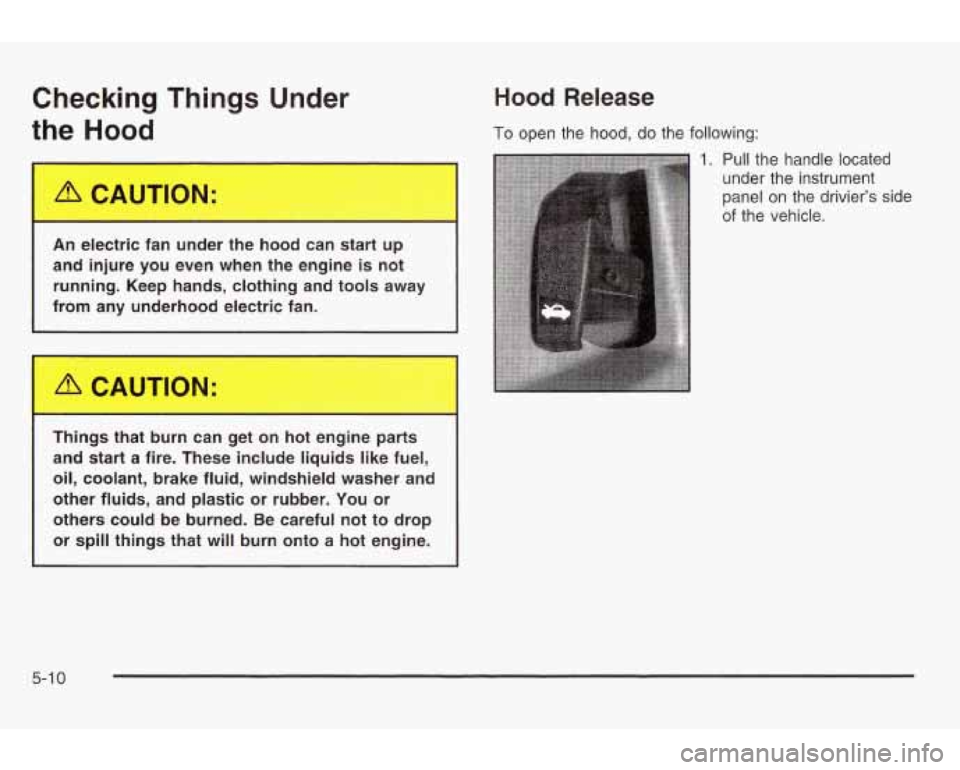 PONTIAC GRAND AM 2003  Owners Manual Checking  Things Under 
the Hood 
Hood Release 
To open the  hood,  do the following: 
1. Pull the  handle located 
under  the  instrument 
panel  on  the  driviers  side 
of the vehicle. 
L% CAUTION