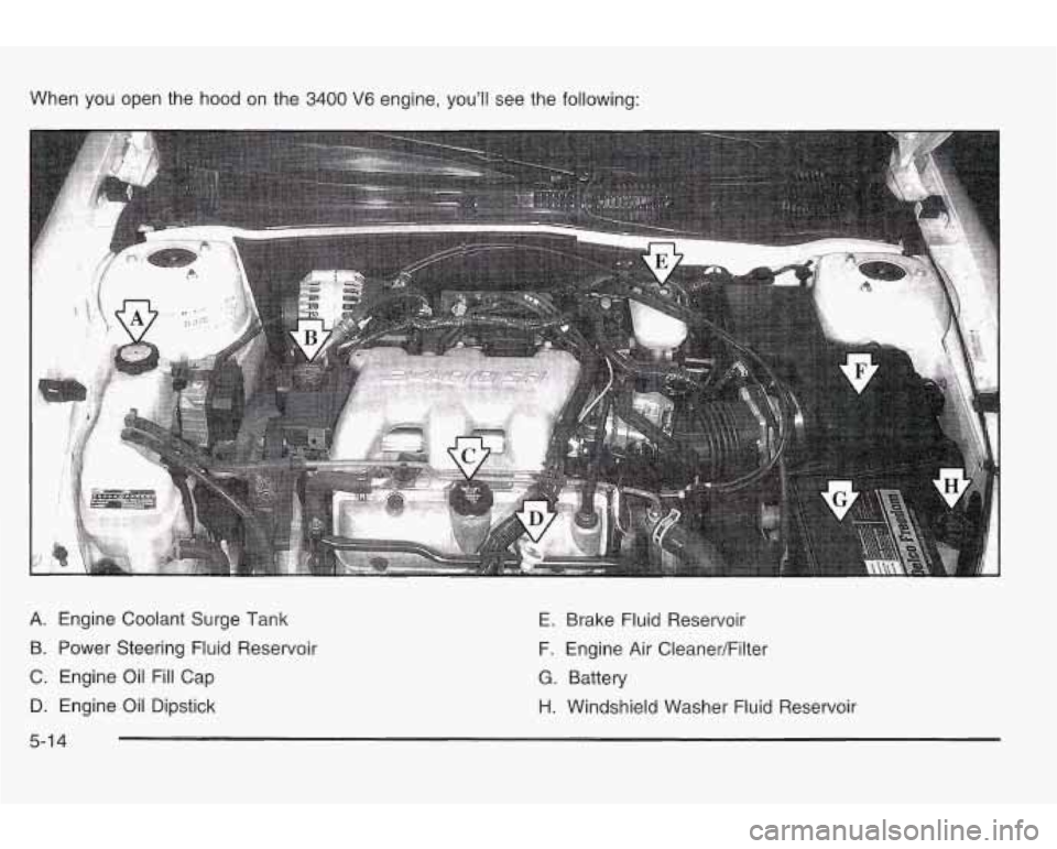 PONTIAC GRAND AM 2003  Owners Manual When  you open the  hood on the 3400 V6 engine, you’ll see  the following: 
A.  Engine Coolant Surge  Tank 
E. Brake  Fluid Reservoir 
B.  Power Steering Fluid Reservoir  F. Engine  Air CleanedFilte