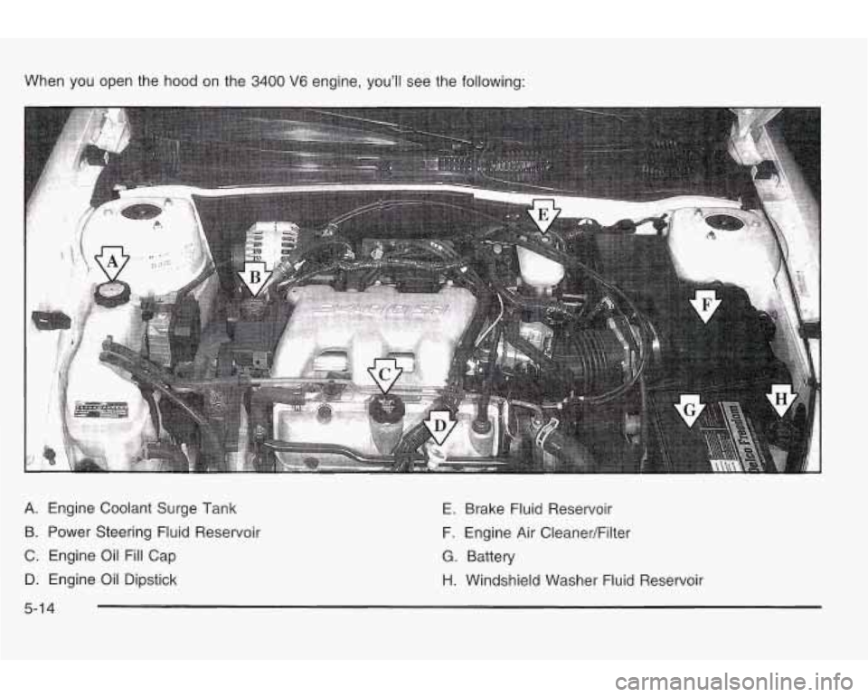PONTIAC GRAND AM 2003 Workshop Manual When you open the hood on the 3400 V6 engine, you’ll see the following:
A. Engine Coolant Surge Tank
E. Brake Fluid Reservoir
B. Power Steering Fluid Reservoir F. Engine Air CleanedFilte PONTIAC GRAND AM 2003 Workshop Manual When you open the hood on the 3400 V6 engine, you’ll see the following:
A. Engine Coolant Surge Tank
E. Brake Fluid Reservoir
B. Power Steering Fluid Reservoir F. Engine Air CleanedFilte