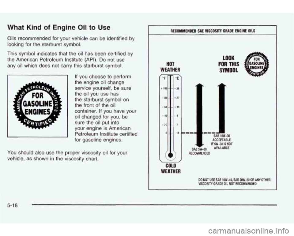 PONTIAC GRAND AM 2003 Workshop Manual What Kind of Engine Oil to Use
Oils recommended for your vehicle can be identified by
looking for the starburst symbol.
This symbol indicates that the oil has been certified by
the PONTIAC GRAND AM 2003 Workshop Manual What Kind of Engine Oil to Use
Oils recommended for your vehicle can be identified by
looking for the starburst symbol.
This symbol indicates that the oil has been certified by
the