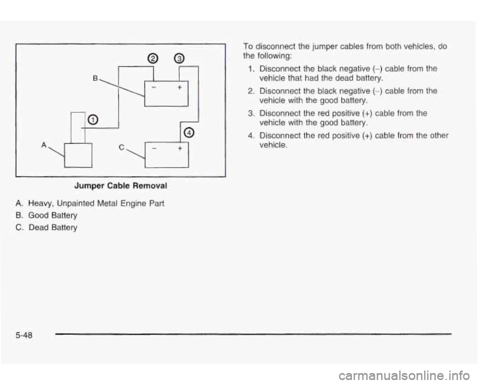 PONTIAC GRAND AM 2003 Manual Online r
B
I1
Jumper Cable Removal
A. Heavy, Unpainted Metal Engine Part
B. Good Battery
C. Dead Battery
To disconnect the jumper cables from both vehicles, do
the following:
1. Disconnect the PONTIAC GRAND AM 2003 Manual Online r
B
I1
Jumper Cable Removal
A. Heavy, Unpainted Metal Engine Part
B. Good Battery
C. Dead Battery
To disconnect the jumper cables from both vehicles, do
the following:
1. Disconnect the