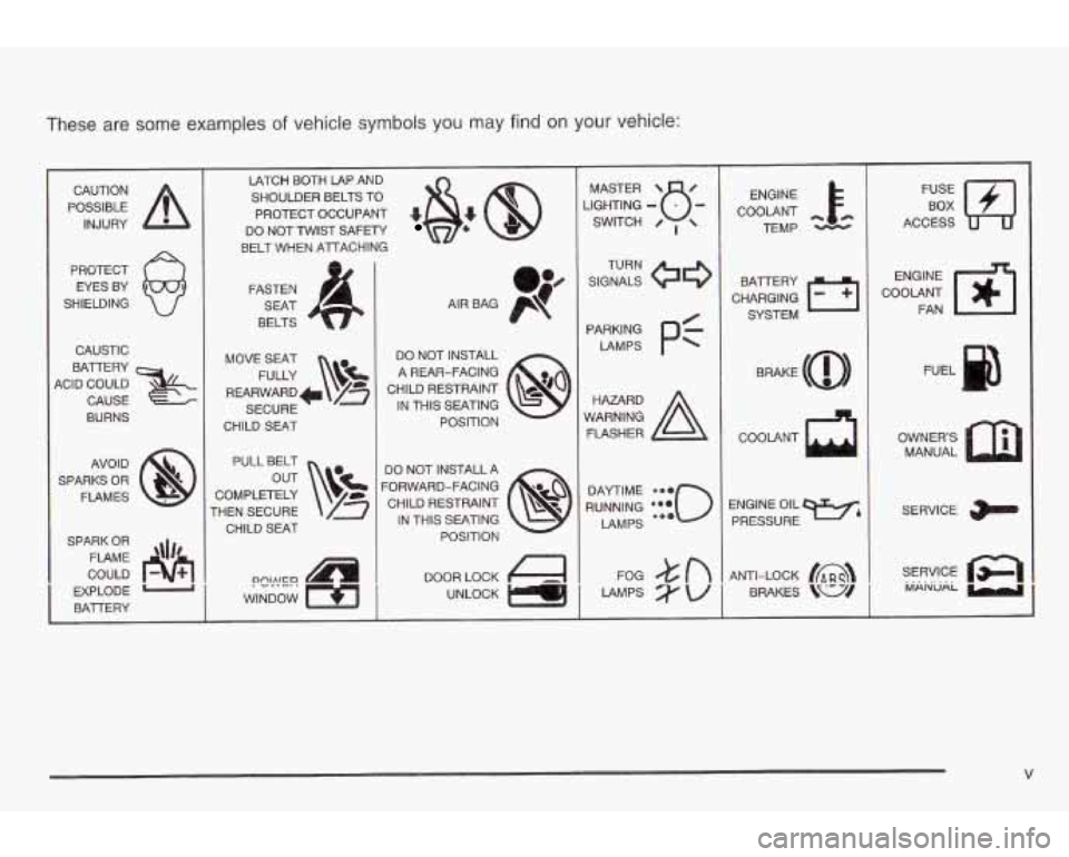 PONTIAC GRAND AM 2003  Owners Manual These are some  examples of vehicle  symbols  you  may find on your vehicle: 
POSSIBLE A 
CAUTION 
INJURY 
PROTECT  EYES  BY 
SHIELDING 
CAUSTIC 
BATTERY 
4CID  COULD  CAUSE 
BURNS 
AVOID 
SPARKS 
OR 
