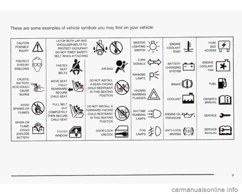 PONTIAC GRAND AM 2003  Owners Manual These are some  examples of vehicle  symbols  you  may find on your vehicle: 
POSSIBLE A 
CAUTION 
INJURY 
PROTECT  EYES  BY 
SHIELDING 
CAUSTIC 
BATTERY 
4CID  COULD  CAUSE 
BURNS 
AVOID 
SPARKS 
OR 