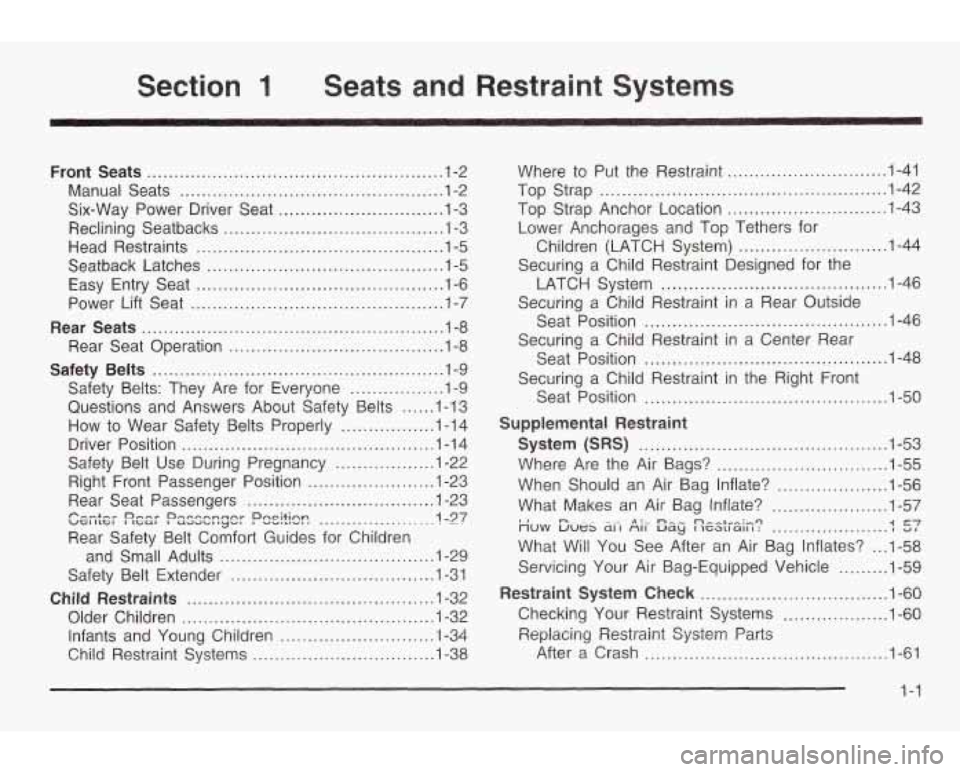 PONTIAC GRAND AM 2003  Owners Manual Section 1 Seats and Restraint Sy 
Front  Seats ...................................................... 1.2 
Manual  Seats 
................................................ 1.2 
Reclining  Seatbacks 1 -