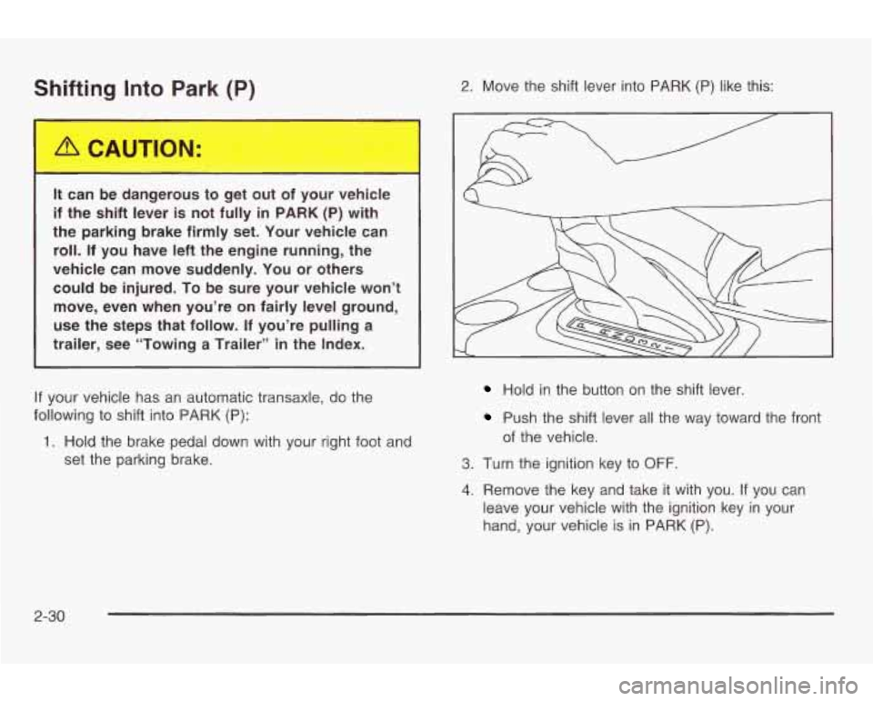 PONTIAC GRAND AM 2003 User Guide Shifting Into Park (P) 2. Move the shift lever into PARK (P) like this:
It can be dangerous to get out of your vehicle
if the shift lever
is not fully in PARK (P) with
the parki PONTIAC GRAND AM 2003 User Guide Shifting Into Park (P) 2. Move the shift lever into PARK (P) like this:
It can be dangerous to get out of your vehicle
if the shift lever
is not fully in PARK (P) with
the parki