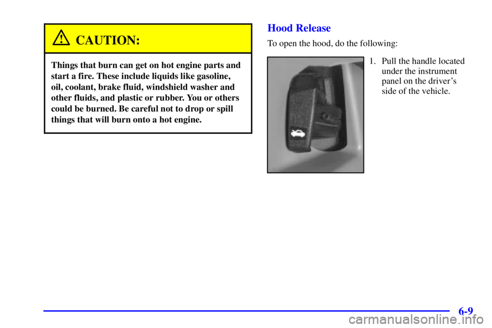 PONTIAC GRAND AM 2002 Repair Manual 6-9
CAUTION:
Things that burn can get on hot engine parts and
start a fire. These include liquids like gasoline,
oil, coolant, brake fluid, windshield washer and
other fluids, and plastic or rubber. Y