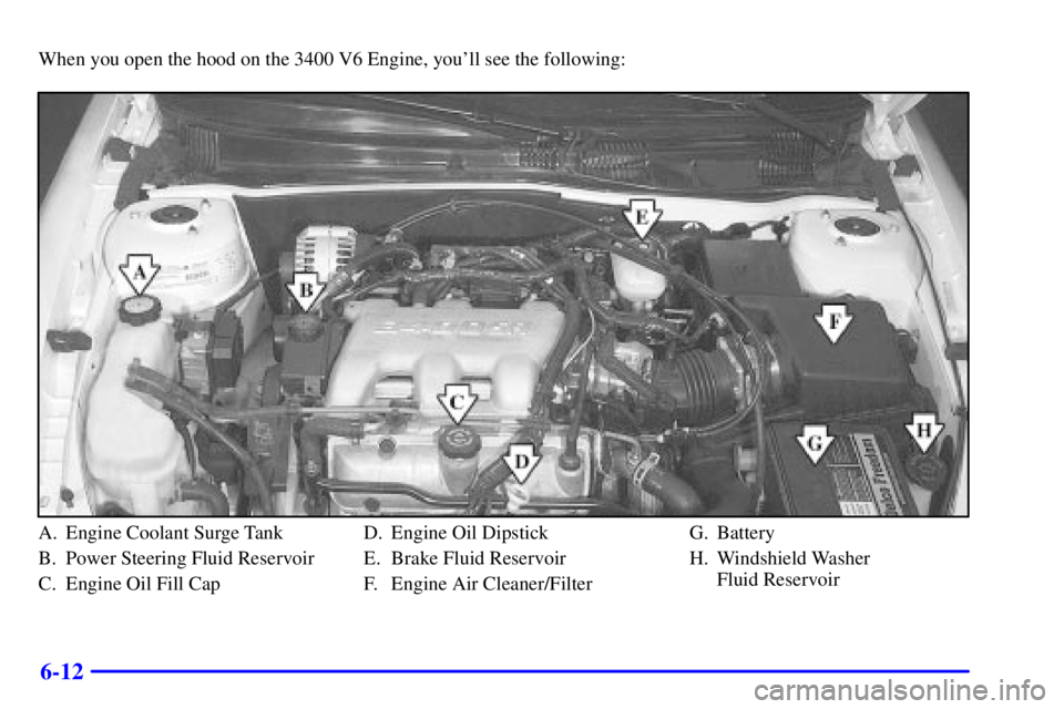PONTIAC GRAND AM 2002 Repair Manual 6-12
When you open the hood on the 3400 V6 Engine, youll see the following:
A. Engine Coolant Surge Tank
B. Power Steering Fluid Reservoir
C. Engine Oil Fill CapD. Engine Oil Dipstick
E. Brake Fluid 