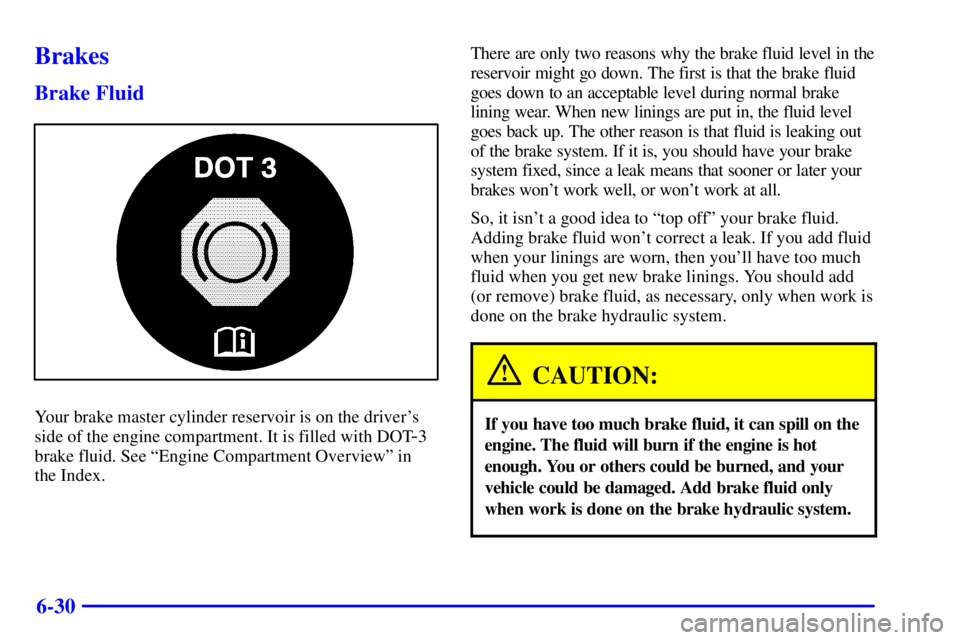 PONTIAC GRAND AM 2002 Manual Online 6-30
Brakes
Brake Fluid
Your brake master cylinder reservoir is on the drivers
side of the engine compartment. It is filled with DOT
-3
brake fluid. See ªEngine Compartment Overviewº in
the Index. PONTIAC GRAND AM 2002 Manual Online 6-30
Brakes
Brake Fluid
Your brake master cylinder reservoir is on the drivers
side of the engine compartment. It is filled with DOT
-3
brake fluid. See ªEngine Compartment Overviewº in
the Index.