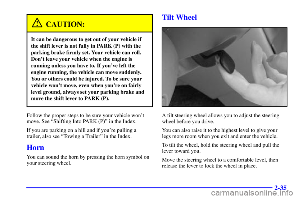 PONTIAC GRAND AM 2001  Owners Manual 2-35
CAUTION:
It can be dangerous to get out of your vehicle if
the shift lever is not fully in PARK (P) with the
parking brake firmly set. Your vehicle can roll.
Dont leave your vehicle when the eng