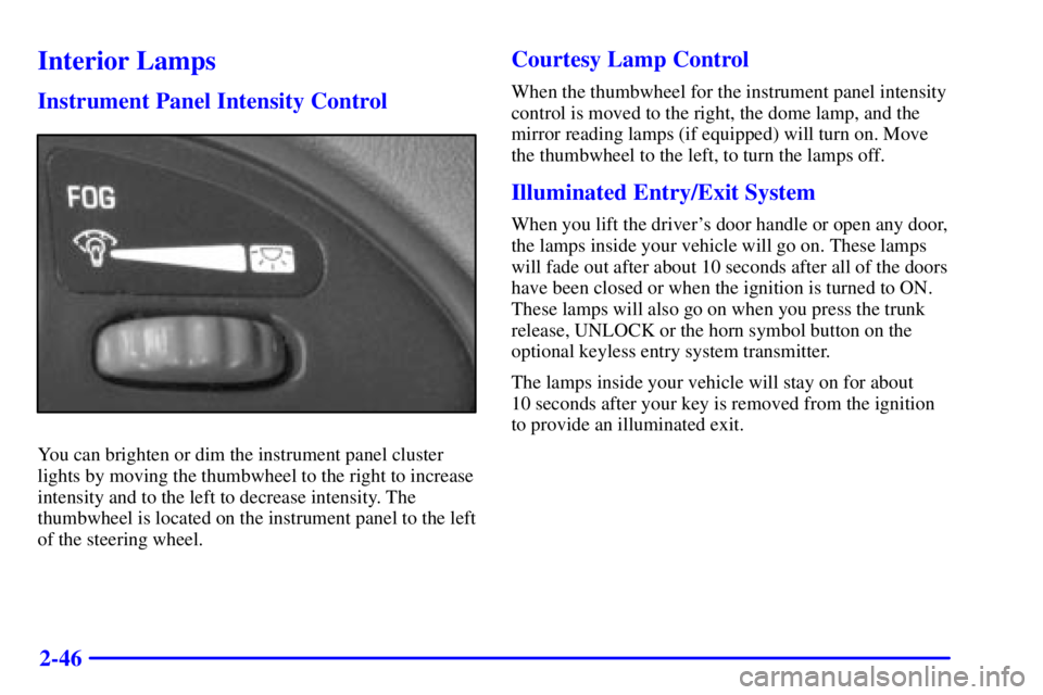 PONTIAC GRAND AM 2001  Owners Manual 2-46
Interior Lamps
Instrument Panel Intensity Control
You can brighten or dim the instrument panel cluster
lights by moving the thumbwheel to the right to increase
intensity and to the left to decrea