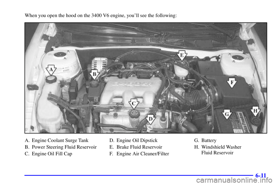 PONTIAC GRAND AM 2001  Owners Manual 6-11
When you open the hood on the 3400 V6 engine, youll see the following:
A. Engine Coolant Surge Tank
B. Power Steering Fluid Reservoir
C. Engine Oil Fill CapD. Engine Oil Dipstick
E. Brake Fluid 