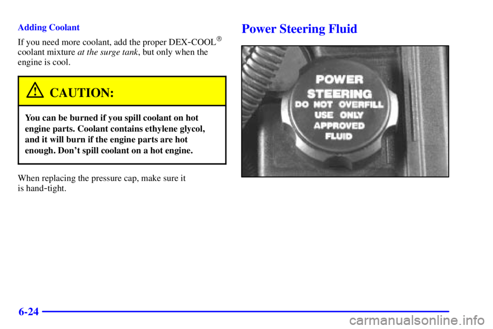 PONTIAC GRAND AM 2001  Owners Manual 6-24
Adding Coolant
If you need more coolant, add the proper DEX
-COOL
coolant mixture at the surge tank, but only when the
engine is cool.
CAUTION:
You can be burned if you spill coolant on hot
engi