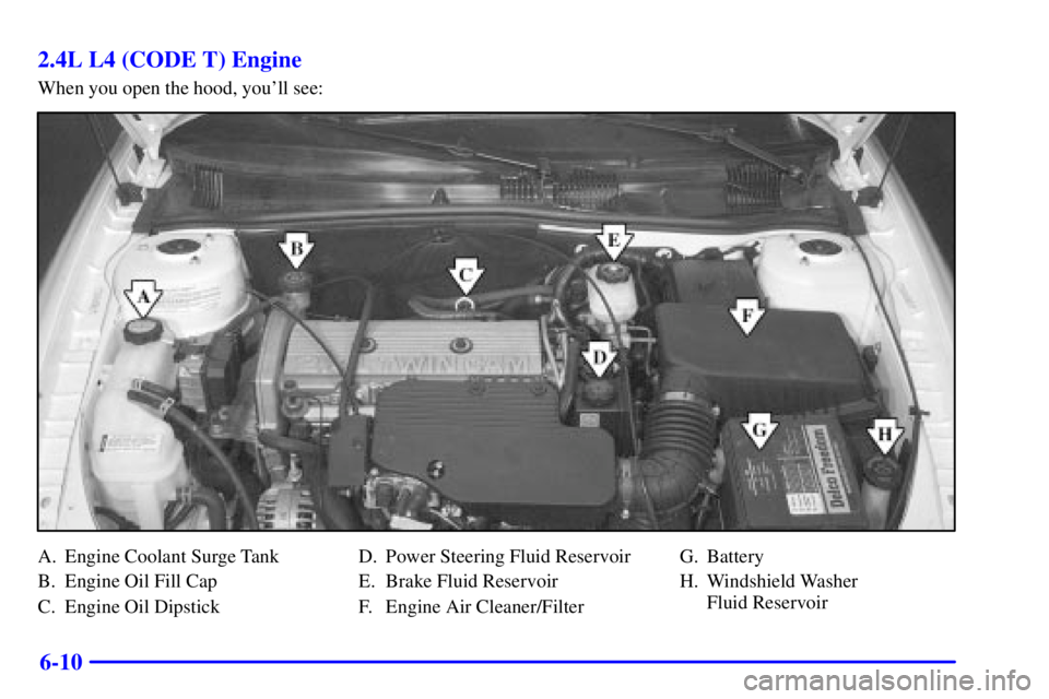PONTIAC GRAND AM 2000  Owners Manual 6-10 2.4L L4 (CODE T) Engine
When you open the hood, youll see:
A. Engine Coolant Surge Tank
B. Engine Oil Fill Cap
C. Engine Oil DipstickD. Power Steering Fluid Reservoir
E. Brake Fluid Reservoir
F.