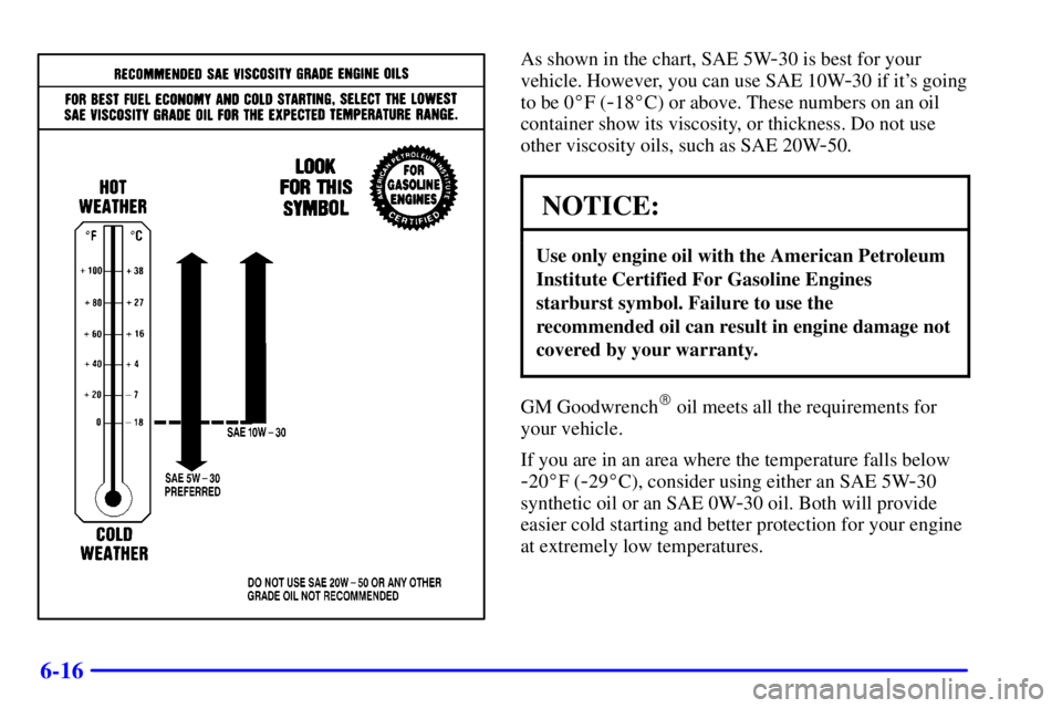 PONTIAC GRAND AM 2000  Owners Manual 6-16
As shown in the chart, SAE 5W-30 is best for your
vehicle. However, you can use SAE 10W
-30 if its going
to be 0F (
-18C) or above. These numbers on an oil
container show its viscosity, or thi