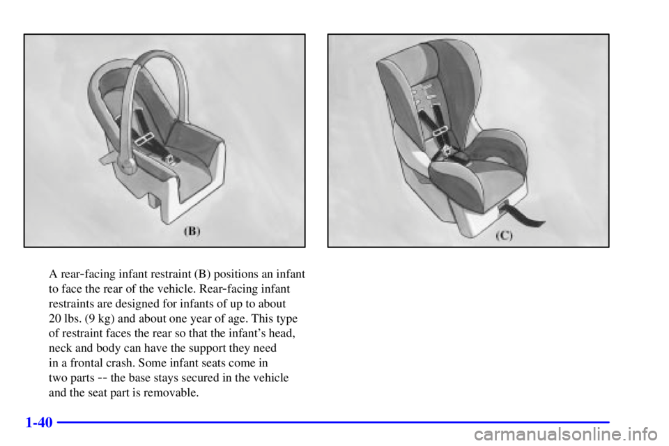 PONTIAC GRAND AM 2000 Workshop Manual 1-40
A rear-facing infant restraint (B) positions an infant
to face the rear of the vehicle. Rear
-facing infant
restraints are designed for infants of up to about
20 lbs. (9 kg) and about one year o PONTIAC GRAND AM 2000 Workshop Manual 1-40
A rear-facing infant restraint (B) positions an infant
to face the rear of the vehicle. Rear
-facing infant
restraints are designed for infants of up to about
20 lbs. (9 kg) and about one year o