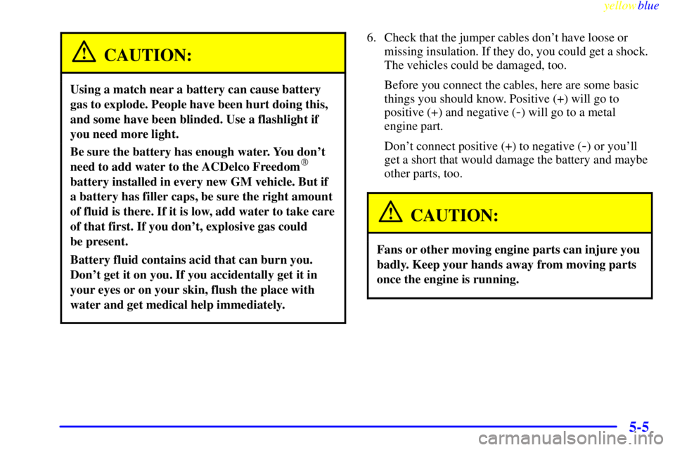 PONTIAC GRAND AM 1999  Owners Manual yellowblue     
5-5
CAUTION:
Using a match near a battery can cause battery
gas to explode. People have been hurt doing this,
and some have been blinded. Use a flashlight if
you need more light.
Be su