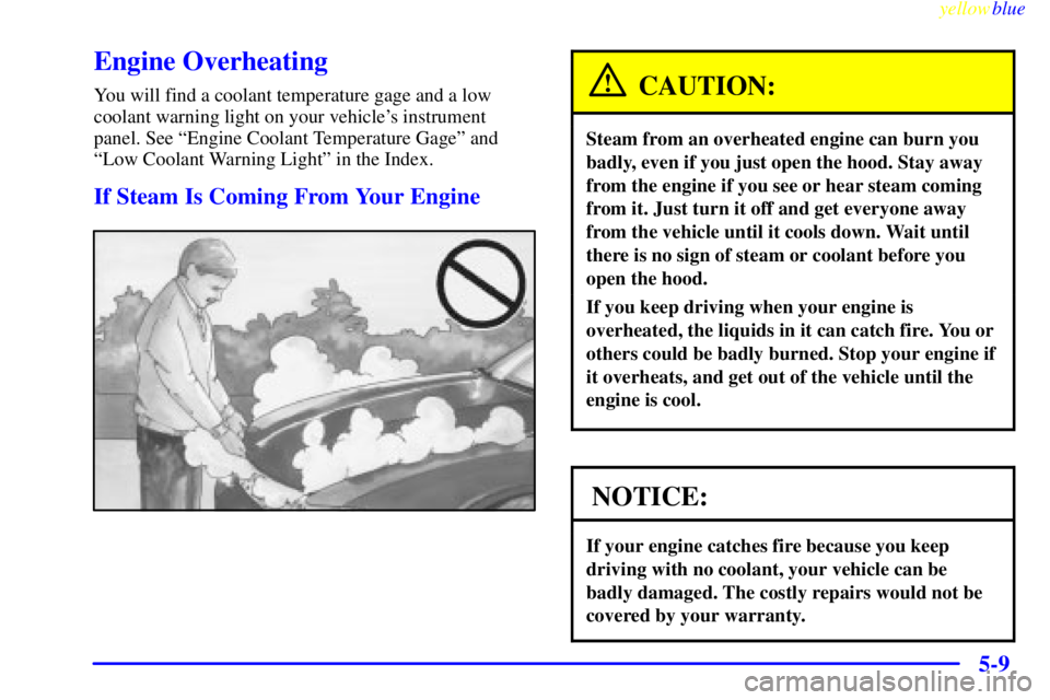 PONTIAC GRAND AM 1999  Owners Manual yellowblue     
5-9
Engine Overheating
You will find a coolant temperature gage and a low
coolant warning light on your vehicles instrument
panel. See ªEngine Coolant Temperature Gageº and
ªLow Co