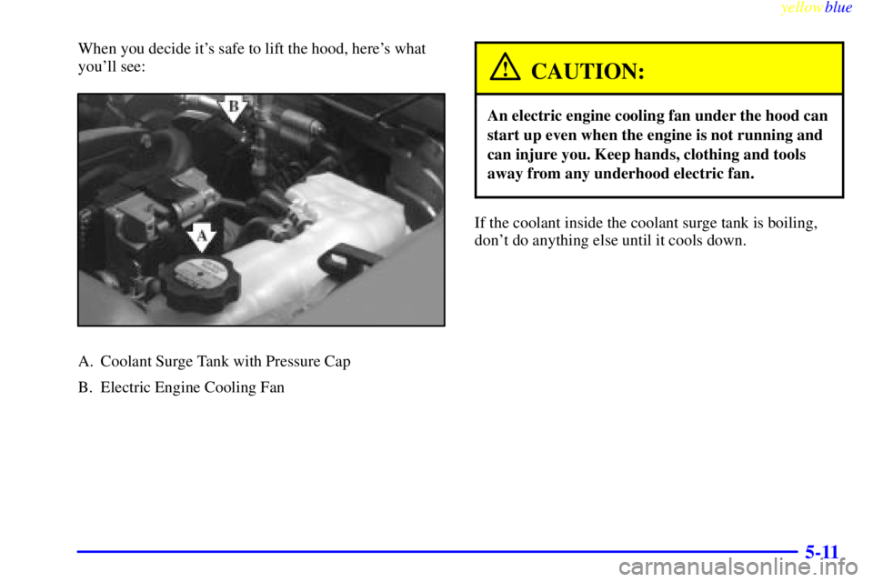 PONTIAC GRAND AM 1999  Owners Manual yellowblue     
5-11
When you decide its safe to lift the hood, heres what
youll see:
A. Coolant Surge Tank with Pressure Cap
B. Electric Engine Cooling Fan
CAUTION:
An electric engine cooling fan 