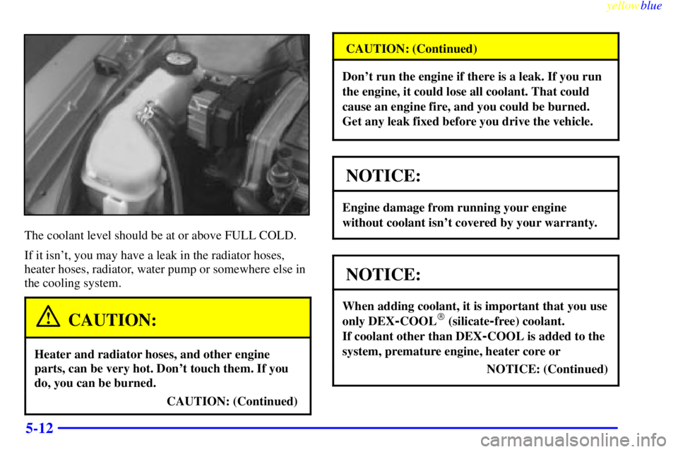 PONTIAC GRAND AM 1999  Owners Manual yellowblue     
5-12
The coolant level should be at or above FULL COLD.
If it isnt, you may have a leak in the radiator hoses,
heater hoses, radiator, water pump or somewhere else in
the cooling syst