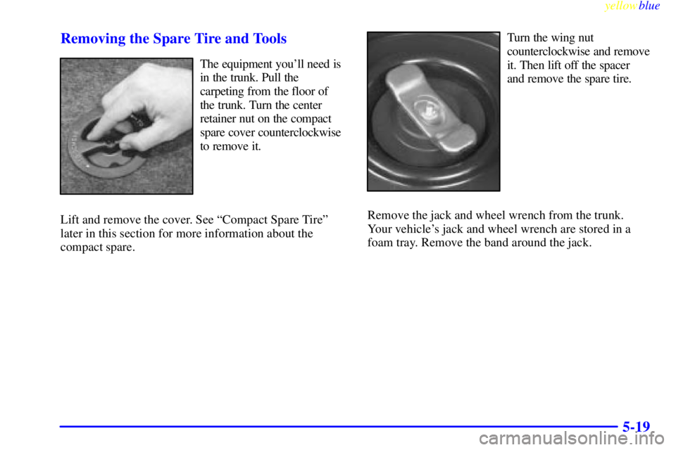 PONTIAC GRAND AM 1999  Owners Manual yellowblue     
5-19 Removing the Spare Tire and Tools
The equipment youll need is
in the trunk. Pull the
carpeting from the floor of
the trunk. Turn the center
retainer nut on the compact
spare cove