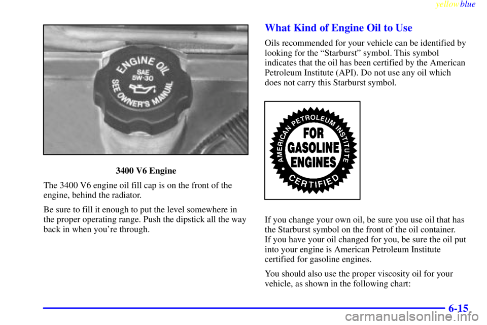 PONTIAC GRAND AM 1999  Owners Manual yellowblue     
6-15
3400 V6 Engine
The 3400 V6 engine oil fill cap is on the front of the
engine, behind the radiator.
Be sure to fill it enough to put the level somewhere in
the proper operating ran